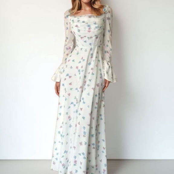 Spring fashion elegant waist-cinching bell-sleeve floral dress
