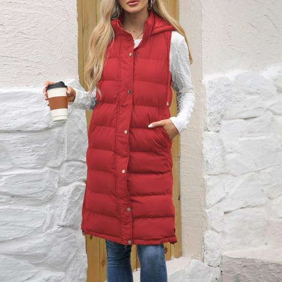 KIHOUT Women's Long Puffer Vest Sleeveless - Warm Hooded Winter Layer for Cold Days, Lightweight Outdoor Wear