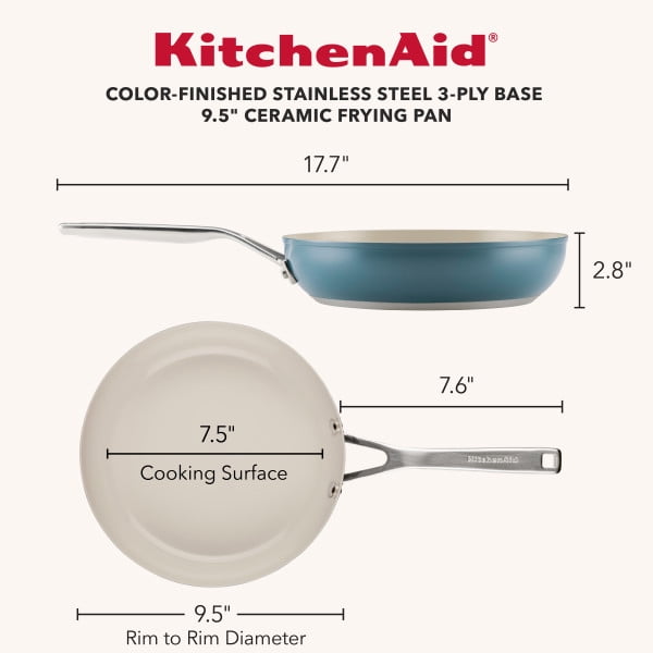 KitchenAid 9.5" Color-Finished Stainless Steel 3-Ply Base Ceramic Nonstick Frying Pan Dishwasher and Metal Utensil Safe, Induction Suitable and Oven Safe to 500°F, Agave