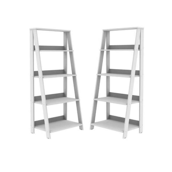 Home Square 4 Shelf Transitional Wood Ladder Bookcase Set in White (Set of 2)