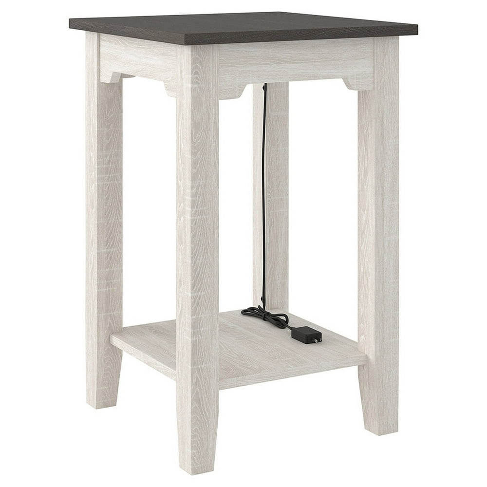 Wooden Side End Table with USB Ports and Power Cord, Antique White and