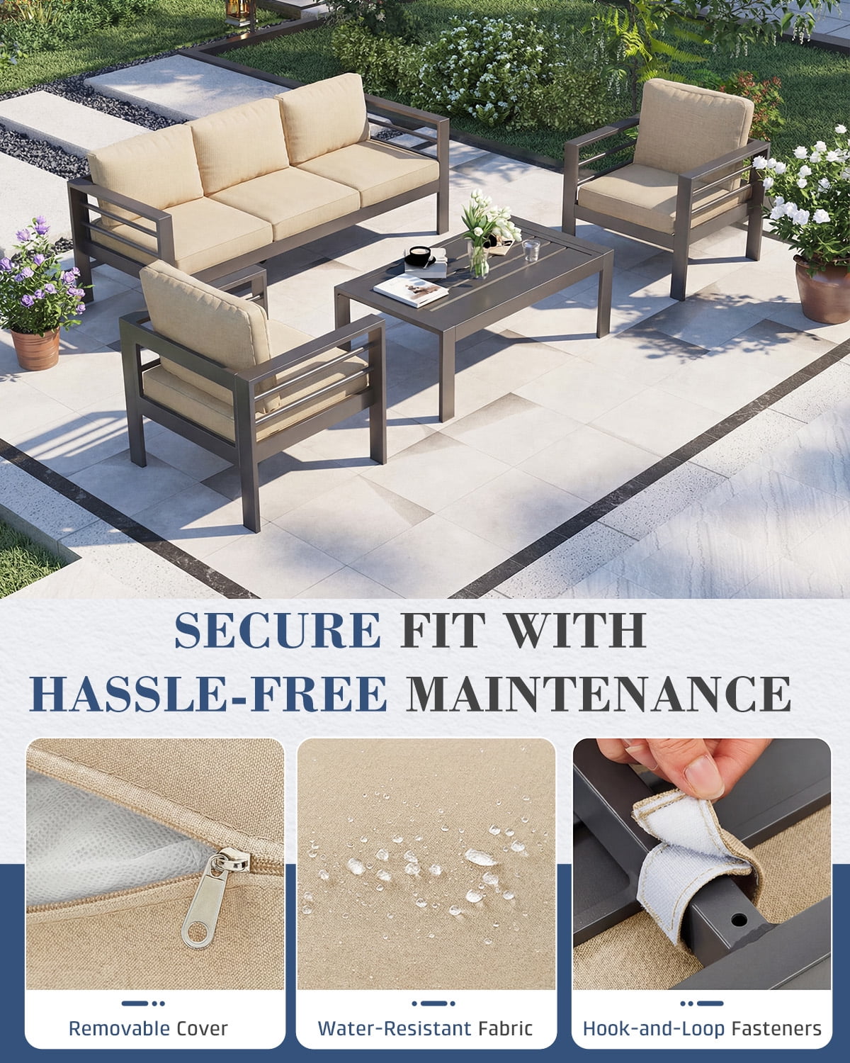AECOJOY Aluminum Patio Furniture Sets,4 Pieces Outdoor Metal Conversation Sectional Sofa with Coffee Table, Beige