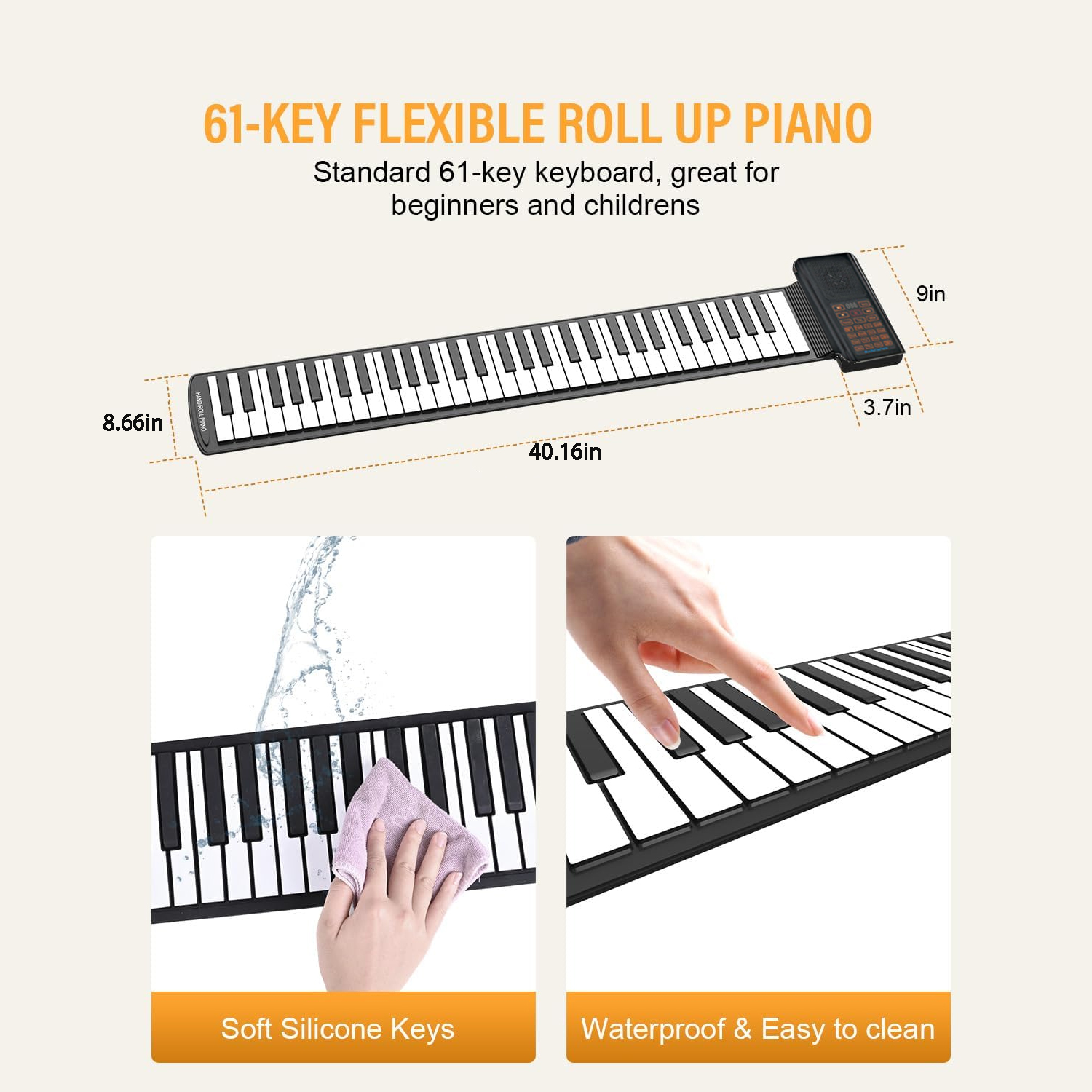 Roll Up 61 Keys Piano Keyboard with pedals, 128 Unique Tones Digital Electric Hand Roll Piano Keyboard with 1000mAh Rechargeable Battery for Kids Beginner