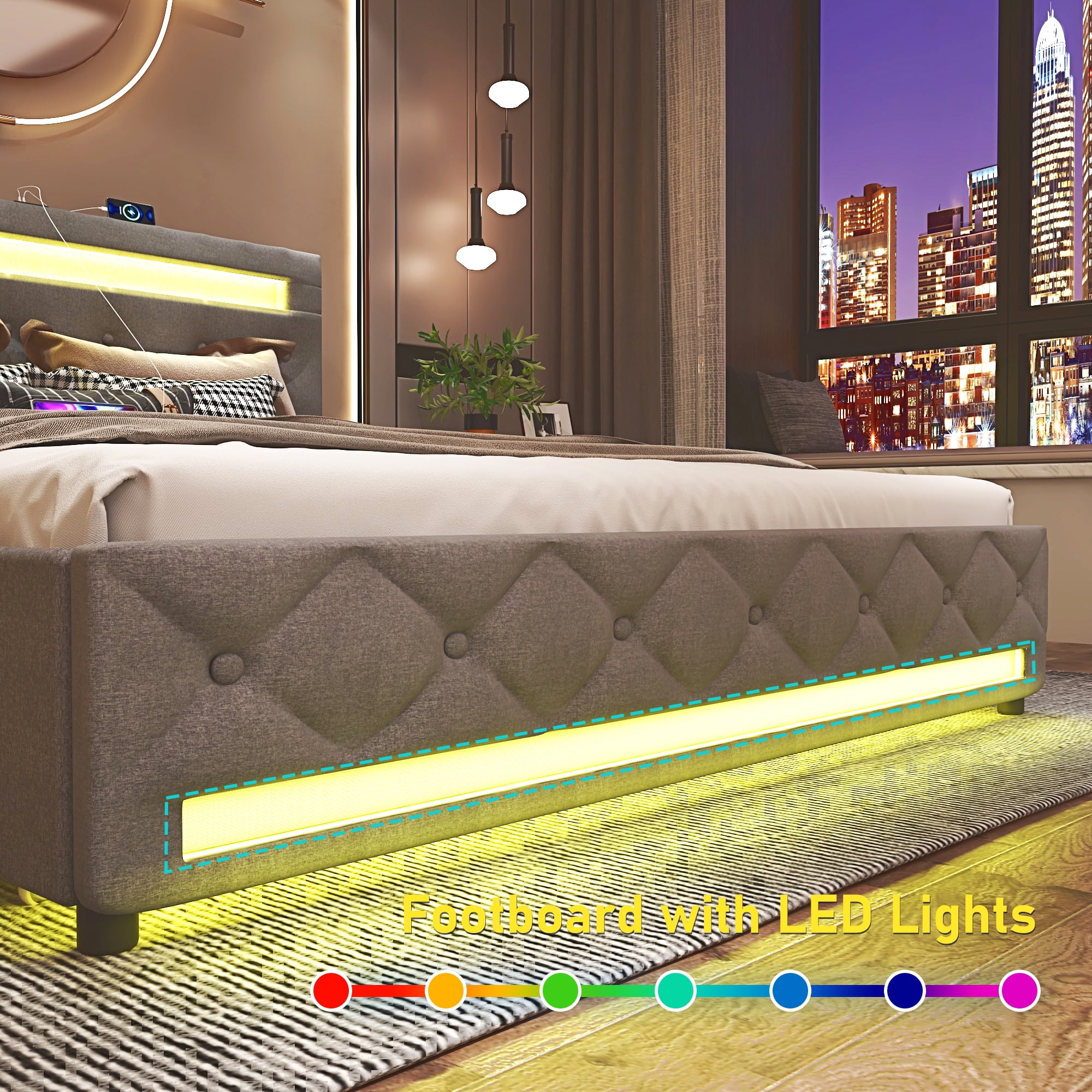 King Size Bed Frame with 4 Storage Drawers and 2 USB Ports, Platform Bed with LED Light, Modern Upholstered Headboard, No Box Spring Needed
