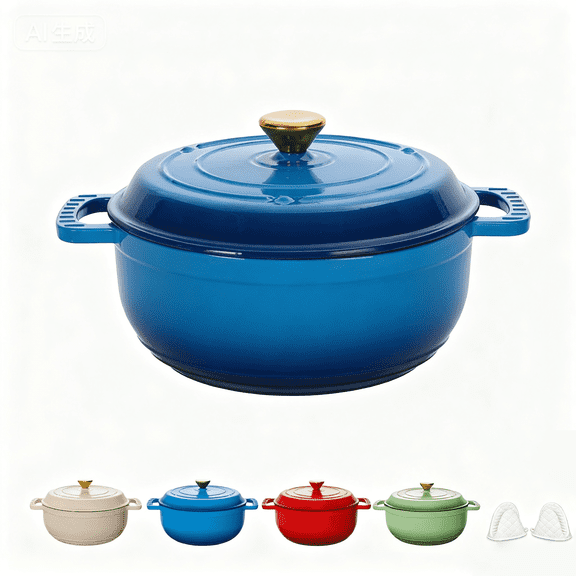 5-quart cast iron dutch oven pot with lid, featuring a lid and heat-resistant double handles,Heavy-duty cookware ,suitable for baking, grilling, stewing, and cooking,Blue.