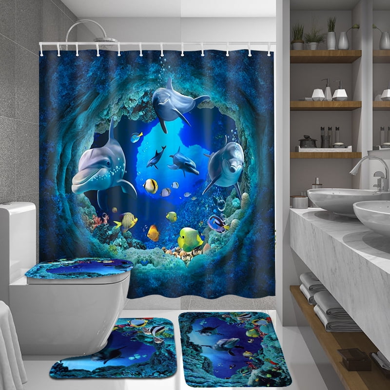 3D Underwater World Decor Bathroom Shower Curtain Polyester Waterproof Doormat 