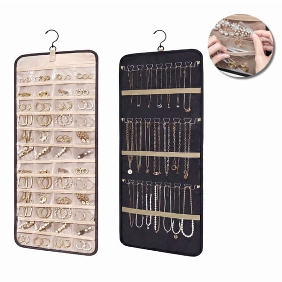 Hanging Jewelry Organizer – Necklace Holder Anti-Tangle with 24 Jewelry Bags, Earrings Rings Hanger, Travel Storage Roll with Pockets, Hang on Closet Wall Door – Large, Black