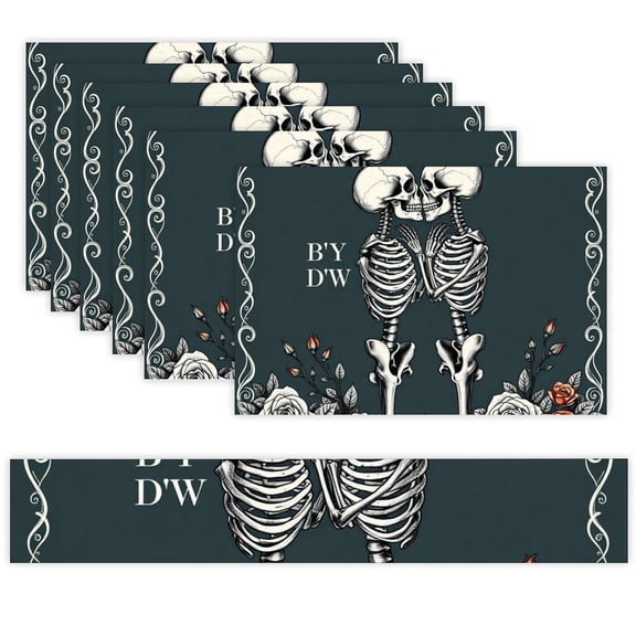 7 Piece Linen Table Runner and Placemats Set, Romantic Skeleton Roses Round Corner Heat Resistant Washable Table Mats for Home Kitchen Dining Party Decoration