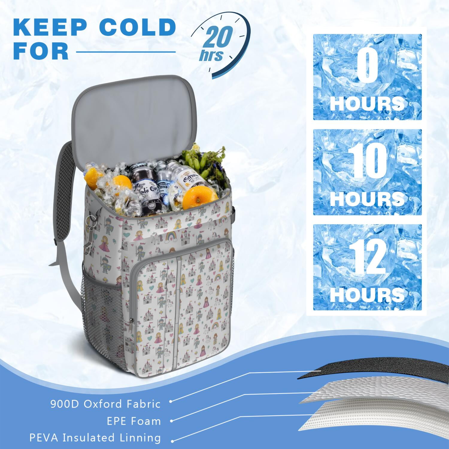 Travel Cooler Bag - White Princess Knight Pattern Camping Beer Cooler Backpack with Bottle Opener- Waterproof Insulated Picnic Backpacks - Cooler Bag for Beach