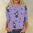 thumbnail image 2 of Women’s Halloween Bat Print Long Sleeve Shirt, Casual Crew Neck Loose Fit Top, Cute Purple Star Pattern Blouse for Fall Halloween Tops for Women, 2 of 3