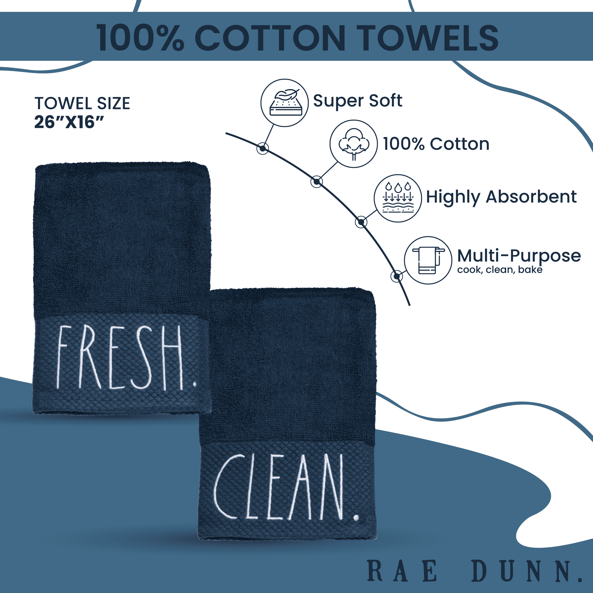 Rae Dunn Set of 2 Hand Towels for Kitchen and Bathroom, 100% Cotton, Embroidered Mother's Day Dish Towels 16 Inches x 26 Inches Decorative Hand