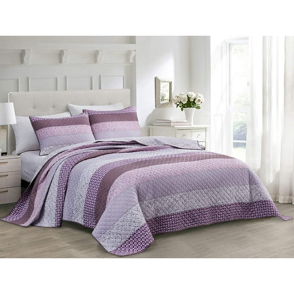 Chezmoi Collection 3-Piece Ditsy Floral Cotton Striped Patchwork Quilt Reversible Lightweight Bedspread Set, Queen Size