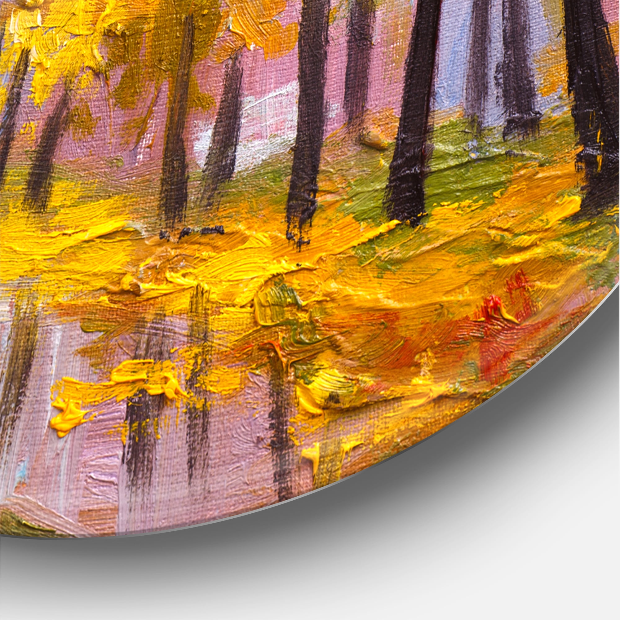 Designart 'Forest Full Of Fallen Leaves In Autumn Along River' Lake House Circle Metal Wall Art 36x36 - Disc of 36