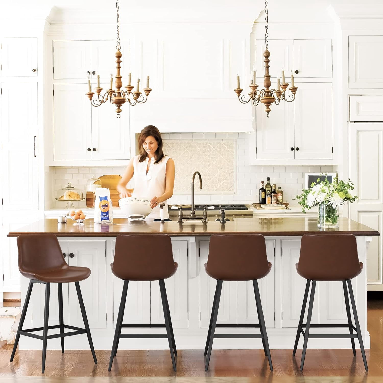 Dycanpo 26” Counter Height Bar Stools Set of 4, Modern Faux Leather, for Home Kitchen,Dark Brown