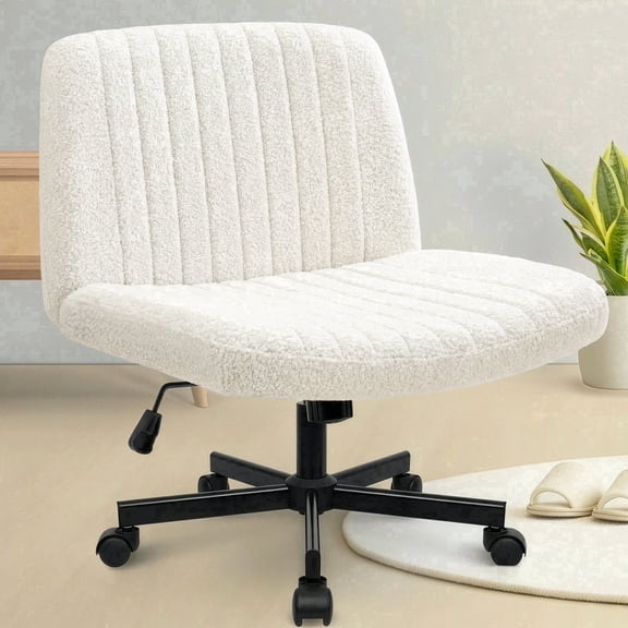 Celtoss Criss Cross Home Office Chair, Teddy Fabric Armless Swivel Task Computer Chair with Wheels, White