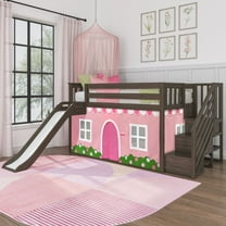 Low Loft With Stairs, Easy Slide & Light Pink & White Farmhouse Curtain, Clay