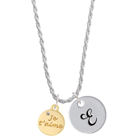 Delight Jewelry Goldtone Je T'aime Disc Silvertone Script Initial Disc - E - Charm Necklace, 20"+3"