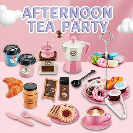 Pretend Tea Party Set For Little Girls 38PCS Coffee Maker Set Play Food Dessert Set For Kids Age 3 4 5 6 7 8 9 Kitchen Pretend Play For Princess Girls