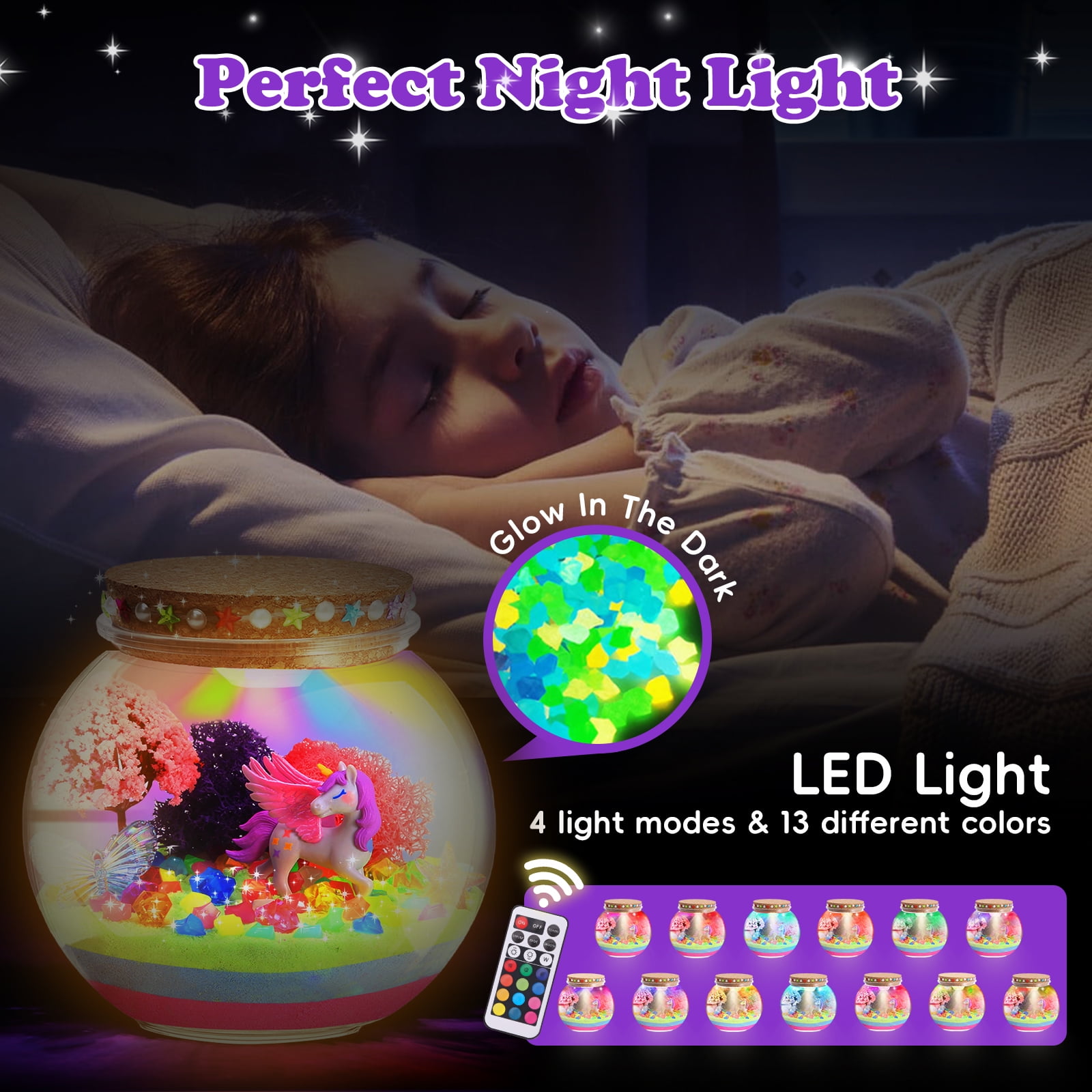 Unicorn Light-Up Terrarium Kit for Kids - LED Night Light Birthday Gifts，Unicorn Toys for Girls Ages 4-12 Year Old， Kids Arts and Crafts Kit