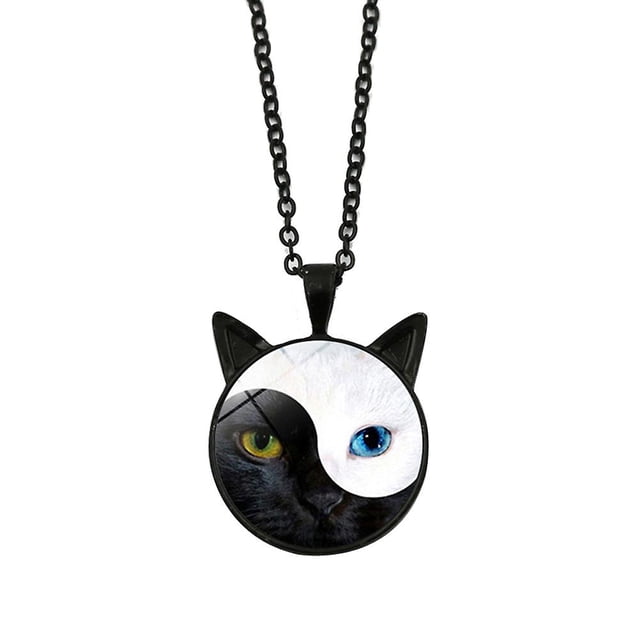 Collar con colgante de gato de cristal con diseño de Tai Chi Yin Yang para mujer