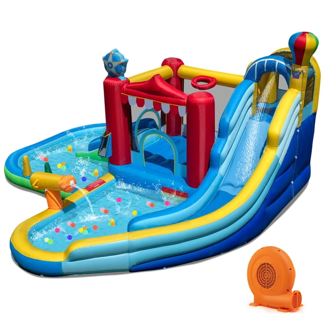 Gymax Inflatable Water Park w/Splash Pool Water Cannon Basketball Rim 750W Blower