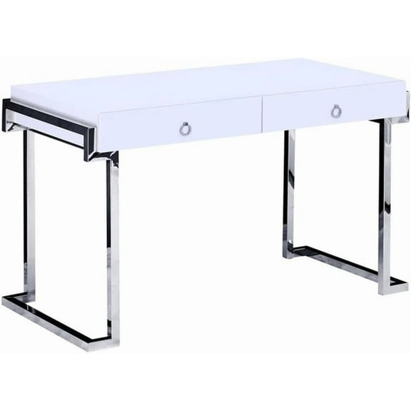 Best Master Furniture White Lacquer 2-Drawer Writing Desk Silver