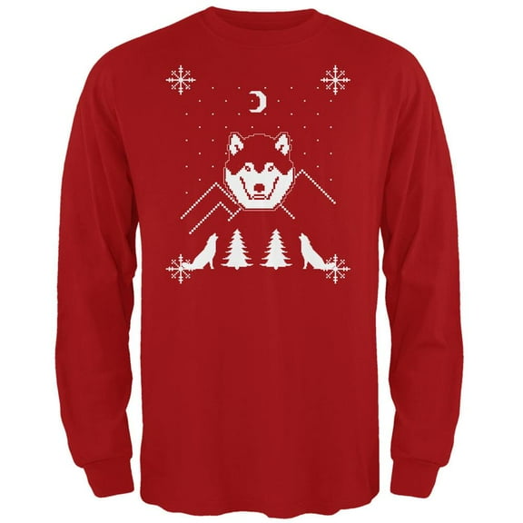 Wolf Ugly Christmas Red Adult Long Sleeve T-Shirt