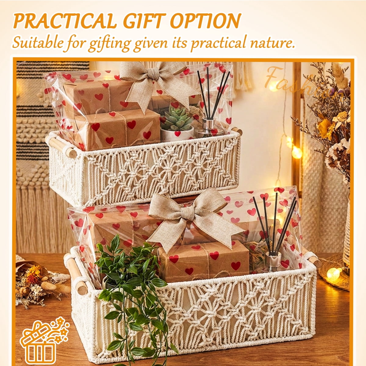Macrame Storage Basket Set – Handwoven Boho Organizer for Bathroom Countertop, Toilet Tank & Shelves（Set of 2）