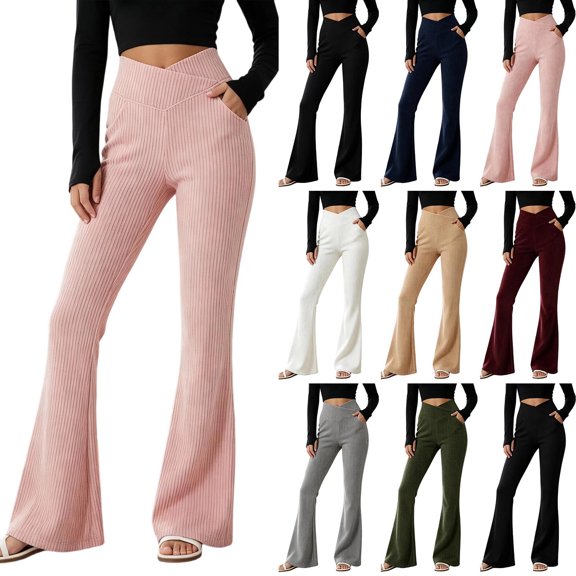 LIaqionyy Women's Flare Yoga Pants Stretch Casual Ribbed High Waist Leggings Solid Color Bootcut Bottom Pant with Pockets
