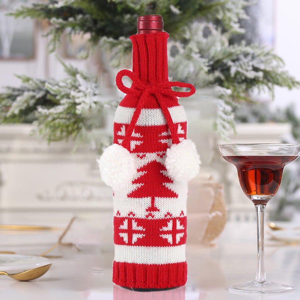 Red Wine Bottle Reusable Knitted Cloth Cover 2 Pieces Christmas Wine Bottle Cover Bags for Table Decoration Home Party Décor