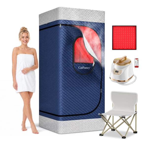 CalFancy Portable Infrared Sauna Box with 660nm Red & 850nm Near-Infrared Light, 1500W 3L Steamer, Home Sauna Tent with Chair, Remote Control & Timer, 3 Mins Easy Assembly, Blue