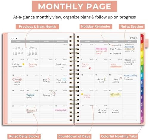 Quivanta 2026-2027 Appointment Book, A4 15-Minute Hourly Planner, July 2026 - June 2027, Academic Planner Weekly and Monthly, 100GSM Thick Paper, Flexible Cover, Note Pages, Colorful Tabs, Pink