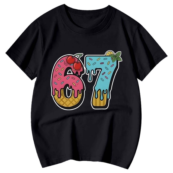 Tisuna Summer Tops For Child Girls 67 Number Cartoon Print Short Sleeve Crew Neck Shirt Comfortable Loose Kids Toddler Summer Blouse Black Size 3-4 Years