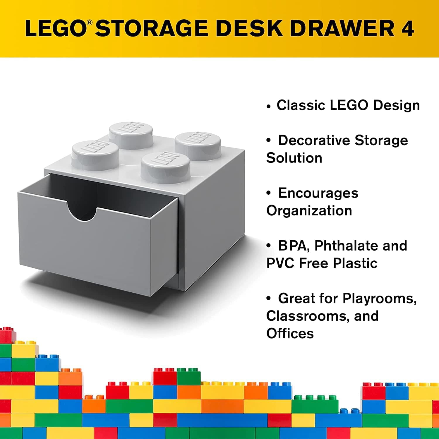 LEGO Desk Drawer Stackable Storage with 4 Knobs, in Grey