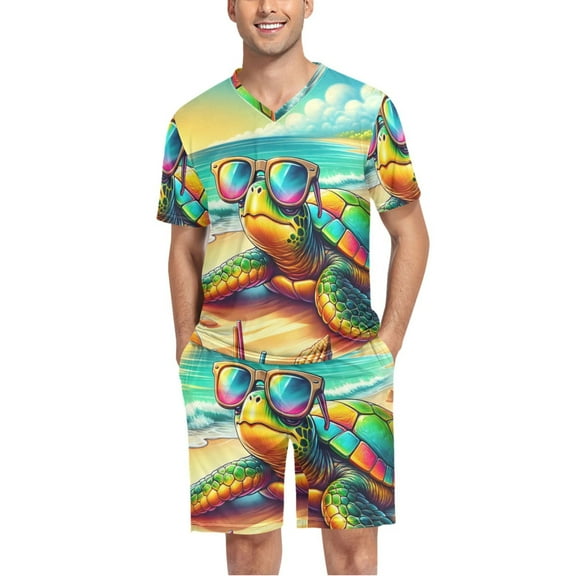 joogoo Men's Pajama Set Turtle Wear Sunglasses on Beach V-Neck Pj Shorts Set 2 Piece Loungewear Sleepwear L