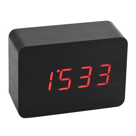 Riousery Minimalist Wooden Digital Alarm Clock with Temperature LED Display, Sound Control, 3 Alarms, 12/24H, Battery or USB Powered for Bedroom, Office Decor - Black, 3.94 inches / 10 cm