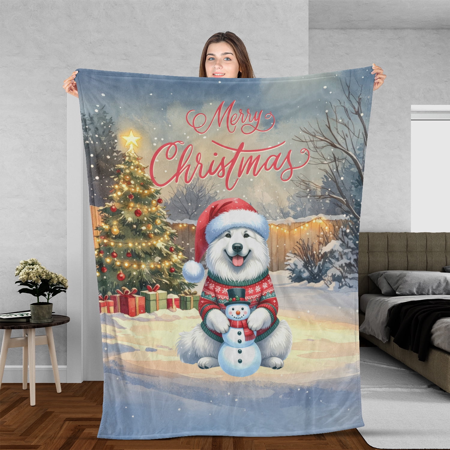 Merry Christmas Woofmas Xmas Noel Great Pyrenees Santa Snowman Cozy Fleece Blanket Pyr Dog Lover Warm Soft Throw Blanket - 13016