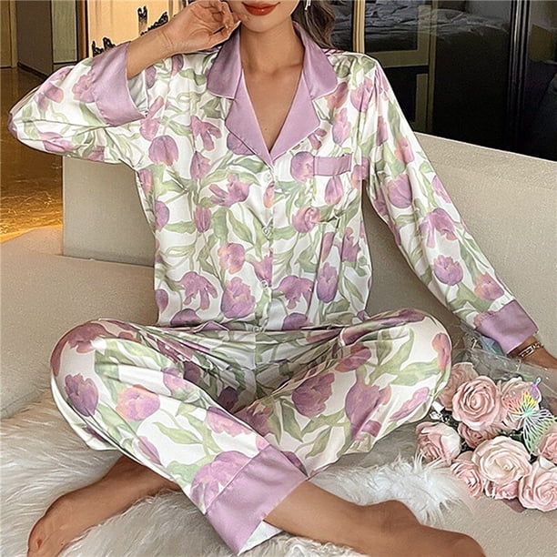 Conjunto de pijama de satén con cuello en V para mujer, Top de manga larga, pantalones, traje de Casa de seda, ropa de dormir con estampado de temperamento elegante, primavera y otoño