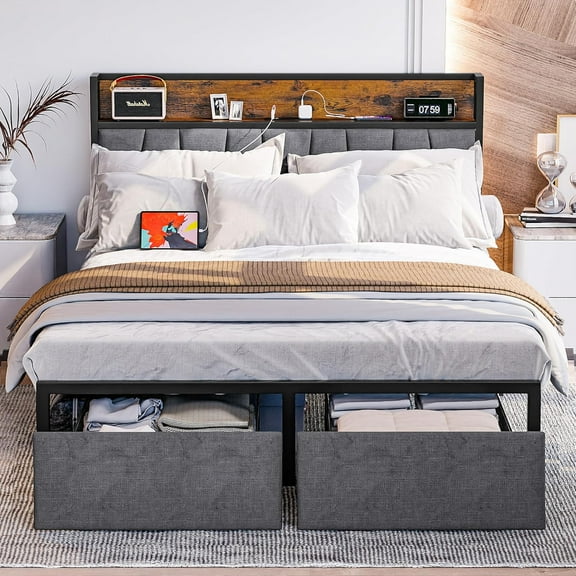 Magic Union Queen Bed Frame with Storage Headboard - Platform Bed with 2 Drawers, Metal Bed Frame with USB Charging Station, No Box Spring Needed, Brown Wooden Panel Grey Tufted Headboard Bed Frame
