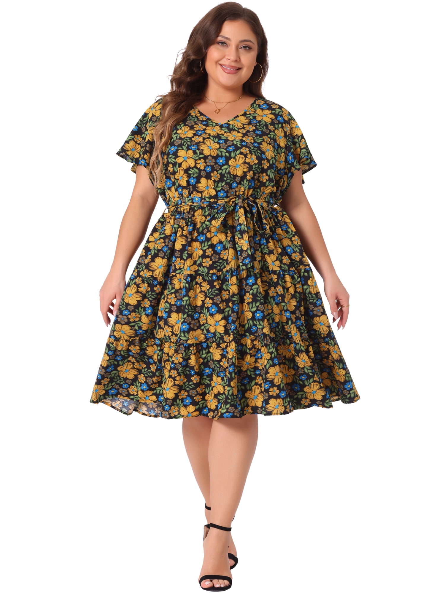 DARING DIVA Plus Size V Neck Elastic Waist Ruffle Floral Midi Dress 4X Black