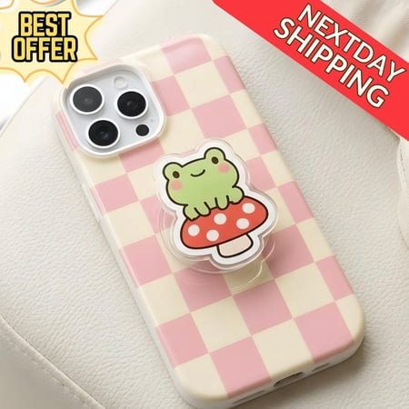 Kawaii Frog on Mushroom Magnetic Phone Grip – Green Frog with Red Mushroom Phone Holder, Magnetic Phone Holder for Animal Lovers & Teens