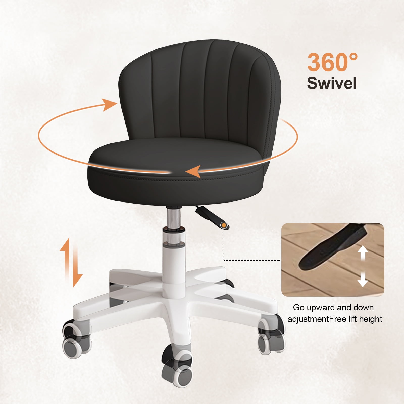 Small Round Rolling Chair with Back PU Leather Height Adjustable，Swivel Vanity Work Computer Stool for Girls and Women，Black