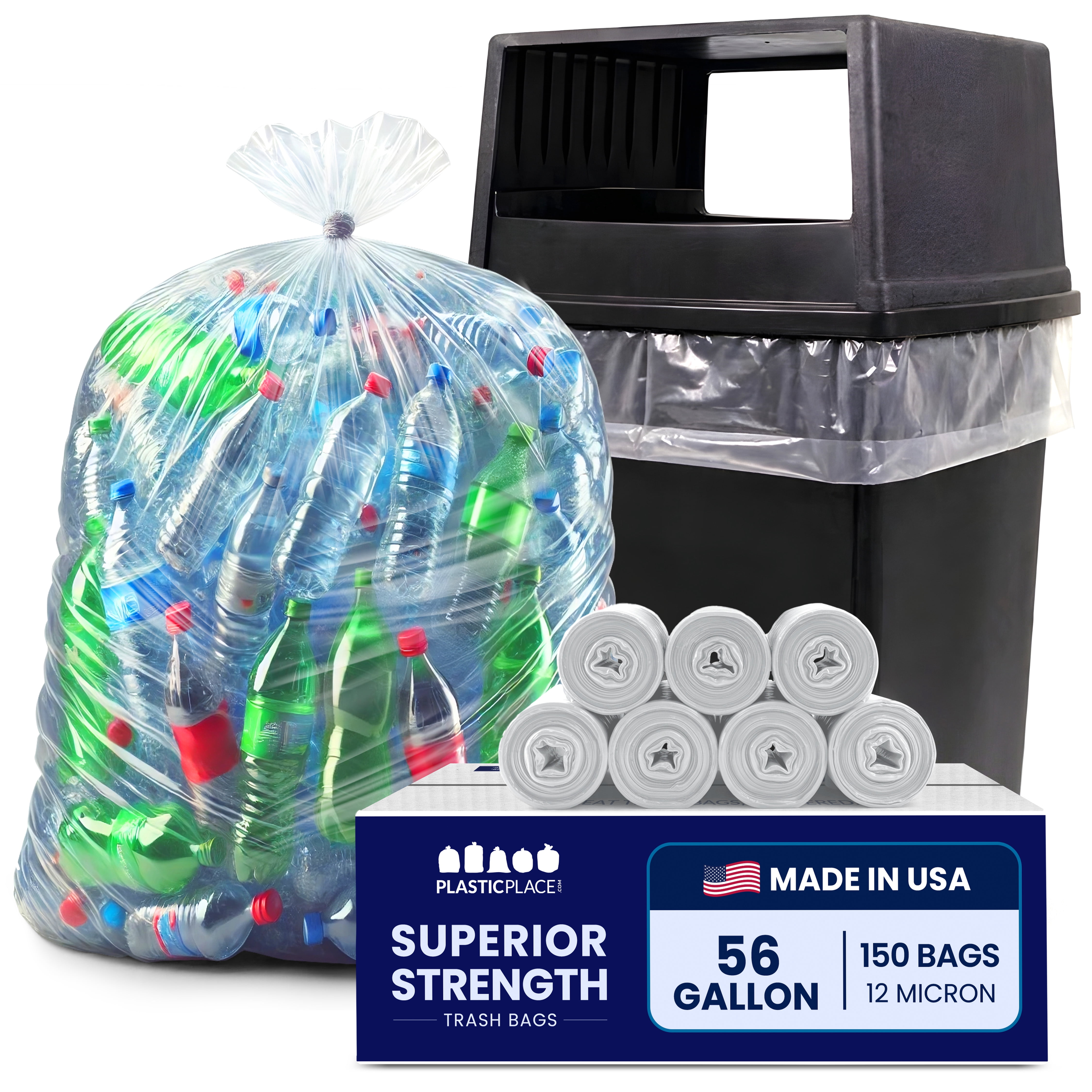 Plasticplace 55-60 Gallon Trash Bags │ 12 Microns │ Clear High Density Garbage Can Liners │ 43" x 48" (150 Count)
