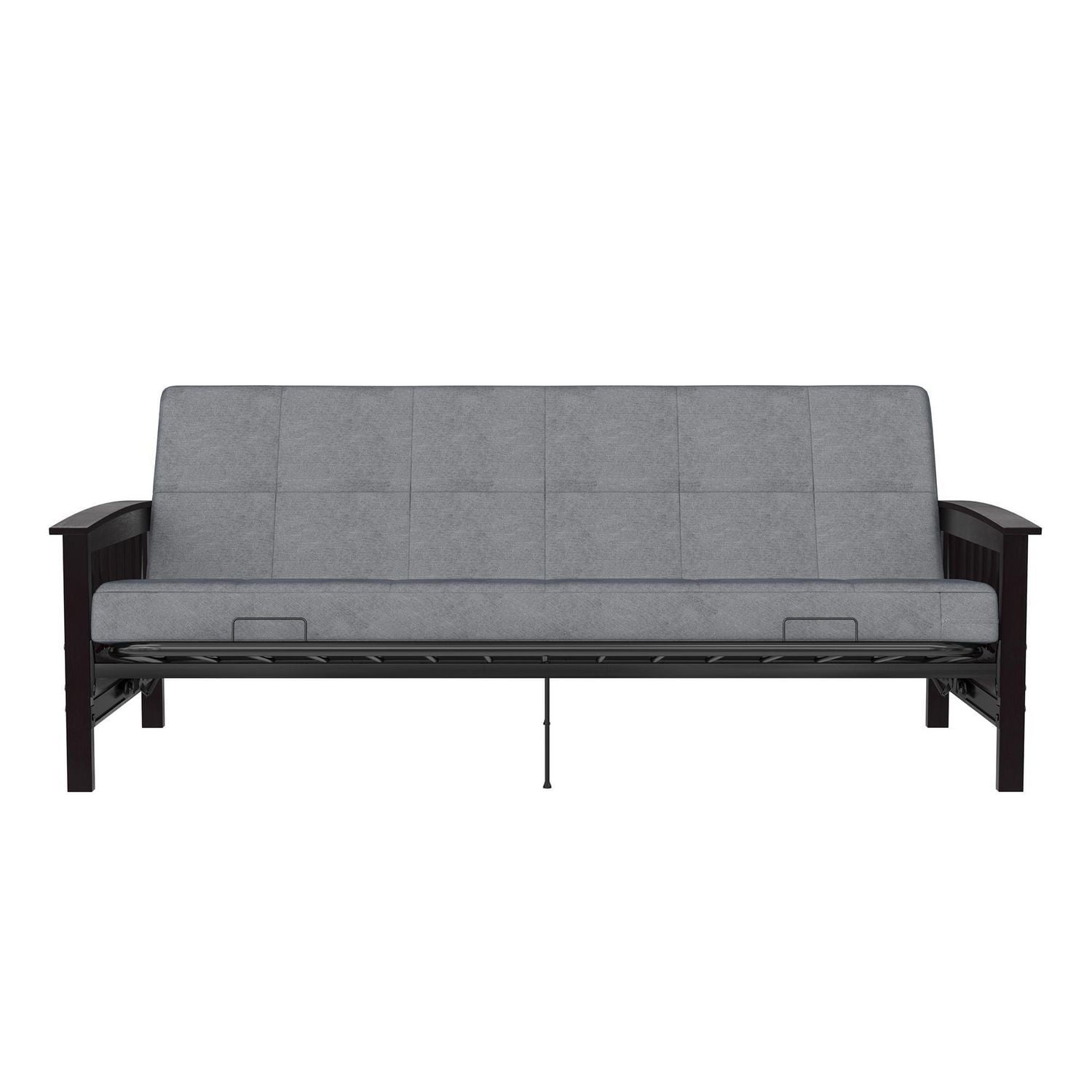 DHP Brixen Espresso Wood Arm Metal Futon Frame with 6-Inch Mattress, Full, Gray