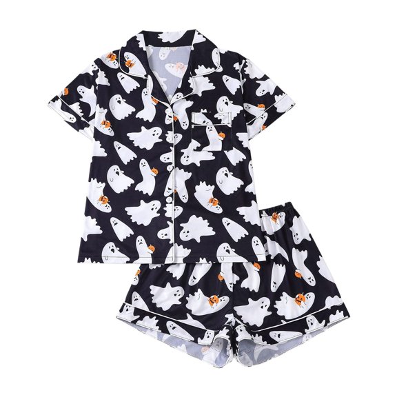 Wutalume Women's Casual Fashion Halloween Printed Short Sleeve Pajama Set, Spooky Theme Home Wear Loungewear Outfit,Black L