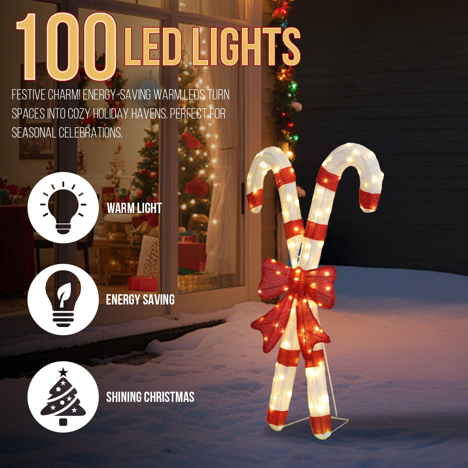 Astoutdoor Lighted Candy Cane and Red Bowknot Christmas Decoration, Pre-Lit 2D Holiday Decor with 100 Warm White LED Lights, Indoor Outdoor, White