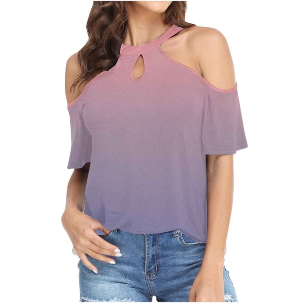 Tops de verano para mujer, camisetas con hombros descubiertos y estampado de verano, camiseta de manga corta para mujer a la moda Fridja ghk773