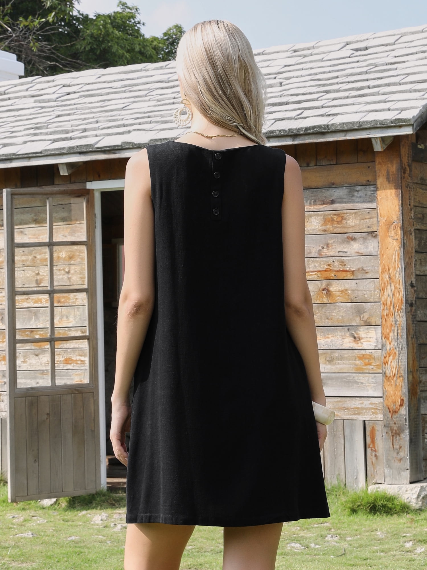 DARING DIVA Women's Sleeveless Linen Shift Casual Dress With Pockets M Black