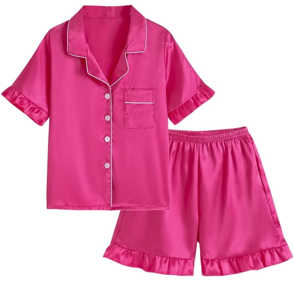 REDARER Girls Summer Satin Ruffle Button-Up Top & Shorts 2PC Loungewear Pajama Set,5-6 Years