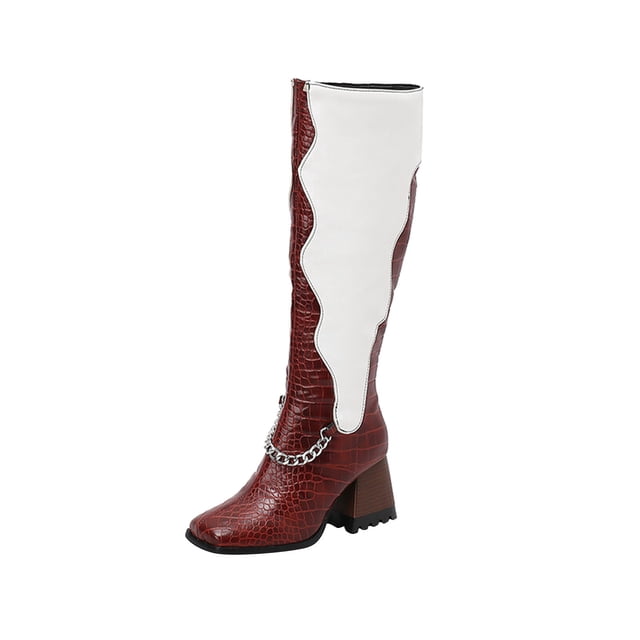 Wolfast Oversized Women's Fall/Winter Velvet Lining Color Matching Rectangle Toe Thick High Heels Long Chain Boots,Wine